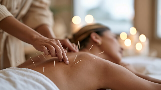 Acupuncture practitioner at twilight over the shoulder of a reclining patient, slender needles positioned along meridian points of the upper back, candlelit clinic ambiance visible through window, t