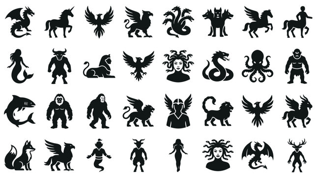 Set of 32 black vector silhouette icons depicting mythical creatures, legendary beasts, and folklore monsters including dragon, unicorn, phoenix, griffin, medusa, and centaur on white.