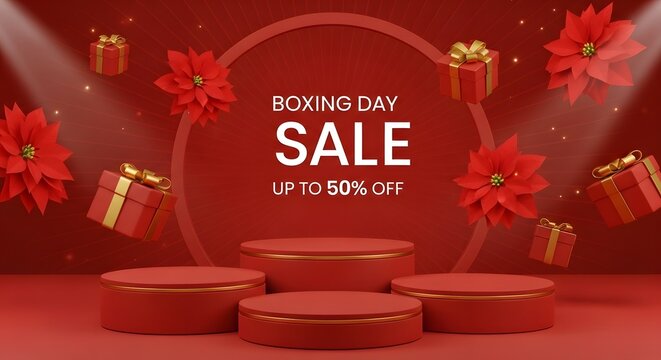 Red podium display for holiday promotion with golden gift box and flower decoration for retail marketing event