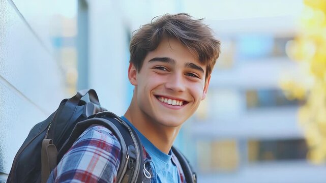 A joyful young man in plaid shirt and backpack, smiling for a selfie outdoors.
