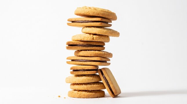 Stacked chocolate filled biscuits placed neatly on a plain white background capturing delicious golden baked textures in professional studio lighting with sharp focus and detail