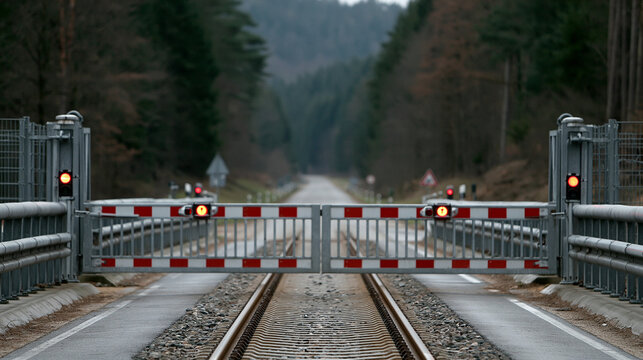 Geschlossene Bahnschranke sperrt Gleise vor herbstlichem Waldgebiet