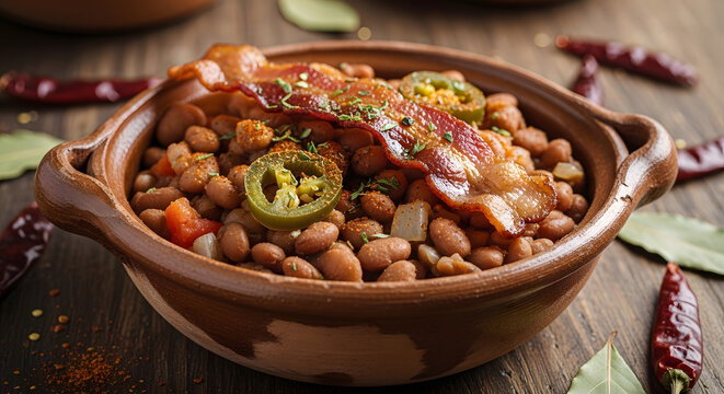 Beans in a rustic ceramic bowl topped with crispy bacon create a hearty and savory side dish.
