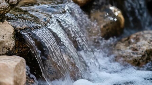 A dynamic scene of a waterfall cascading over rough, jagged rocks, creating a sense of motion and vitality. Perfect for nature-themed or backgrounds.