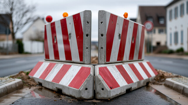 Rot-wei&szlig;e Betonbarrieren blockieren Stra&szlig;e im Zickzack-Muster