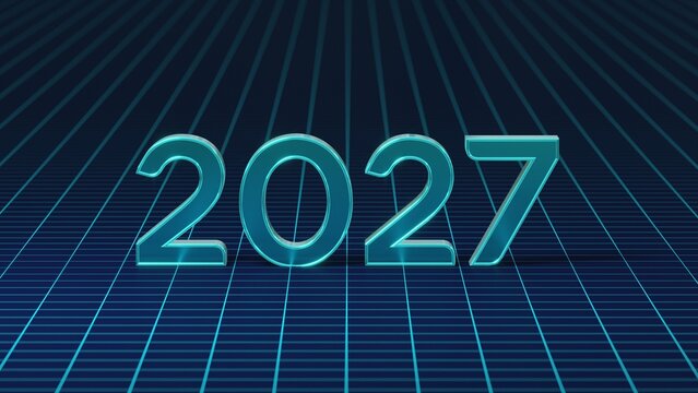 2027 Futuristic Blue Cyan Metallic Numbers on Perspective Digital Grid Background - 3D rendering