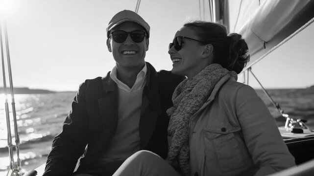 A man and woman enjoying a sailboat ride together in the open sea. They are both smiling and appear to be engaged in a joyful conversation.