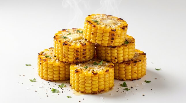 Stacked golden corn cobs grilled with melting butter and fresh herbs captured on a clean white background in a studio setting with soft natural lighting