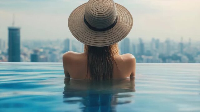 Woman lounging in pool overlooking urban skyline.