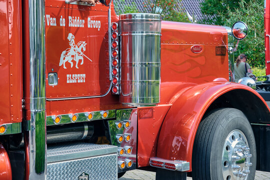 Oldtimerdag Peterbilt truck in Ruinerwold, Netherlands, classic American big rig with chrome details and custom paint