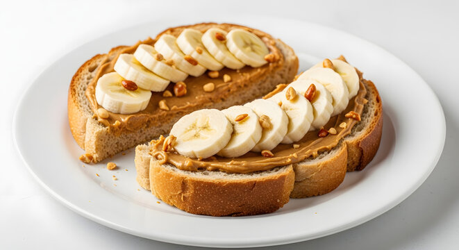 Toast slices topped with creamy nut butter and fresh banana pieces provide a nutritious breakfast.
