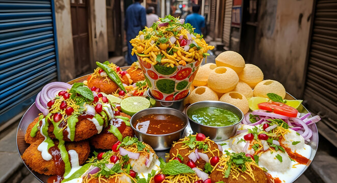 Street food platter features traditional Indian savory snacks served on a large metal plate.