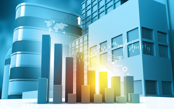 Digital financial growth chart overlay on a modern city skyline background at dusk. 3d illustration