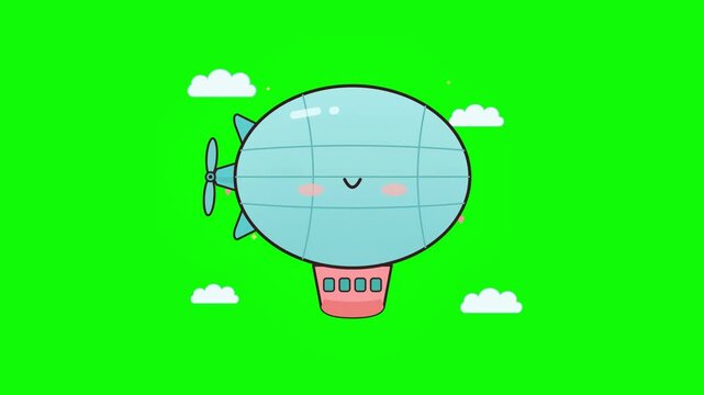 Cute kawaii airship flying through clouds on green screen background