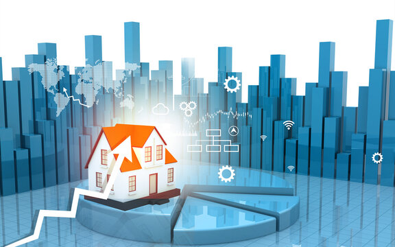 Real estate market growth visualization featuring house icons with rising arrow and financial charts. 3d illustration