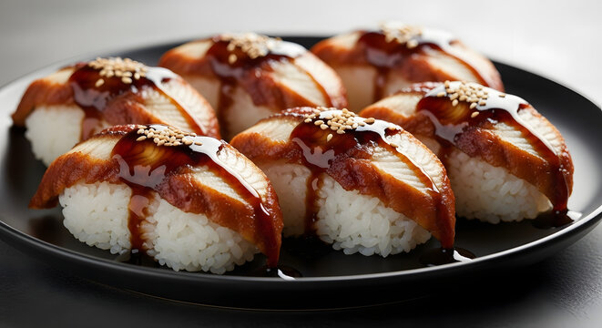 Sushi rolls topped with grilled eel and sweet glaze are arranged neatly on a dark ceramic plate.