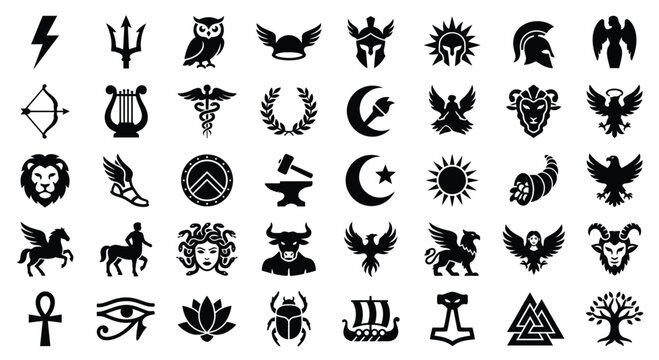 Collection of black silhouette icons representing Greek, Roman, Egyptian, and Norse mythology featuring lightning bolts, tridents, helmets, Medusa, Pegasus, and ancient pagan symbols.