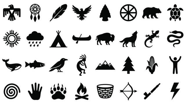 Set of thirty-two black Native American tribal symbols and icons featuring thunderbird, dreamcatcher, eagle, arrowhead, bear, turtle, sun, teepee, buffalo, wolf, lizard, snake, and raven.