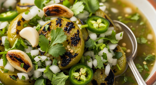 Salsa verde in a rustic bowl highlights charred tomatillos topped with fresh onions and cilantro.