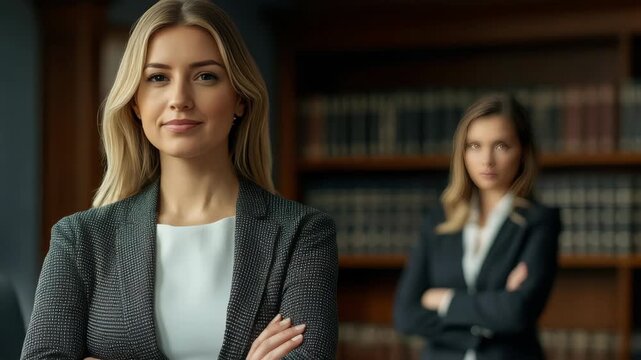 Confident woman stands with arms crossed in library setting. Second woman stands behind, arms folded, facing forward. Bookshelves line background, softly blurred