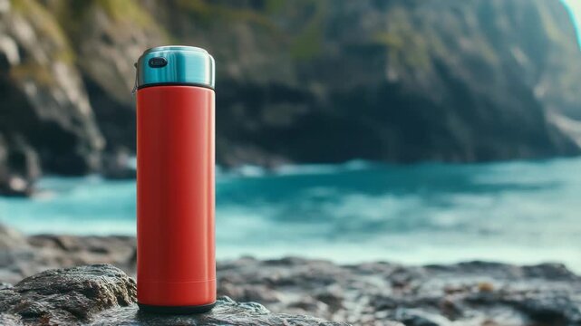 Red insulated bottle stands on rocky shore. Ocean waves crash behind blurred coastline. Green hills rise softly in background. Bottle's lid gleams under natural daylight