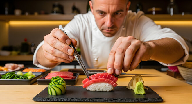Chef carefully places fresh tuna nigiri on a stone serving platter using precision metal tweezers.