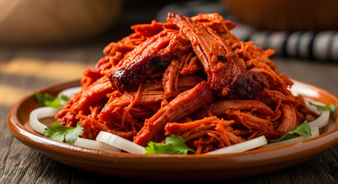 Pulled pork seasoned with spices sits on a rustic plate garnished with fresh onion and cilantro.