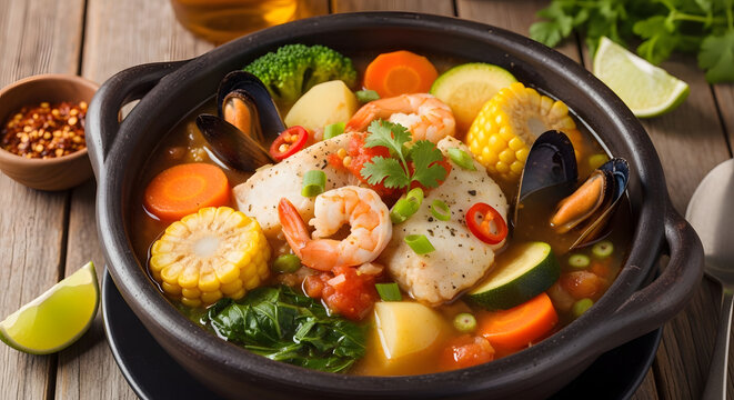 Seafood stew served in a ceramic bowl features fresh shrimp and mussels in a vibrant broth.