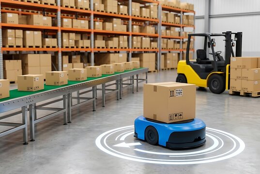 Autonomous Mobile Robot AMR Carrying Cardboard Box Package in Logistics Warehouse