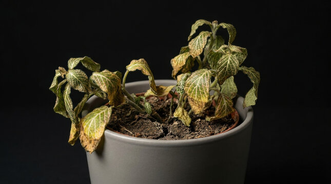 Tech layoffs wilted houseplant in pot on dark background symbol for stress burnout and decline dry leaf and soil in low key studio light
