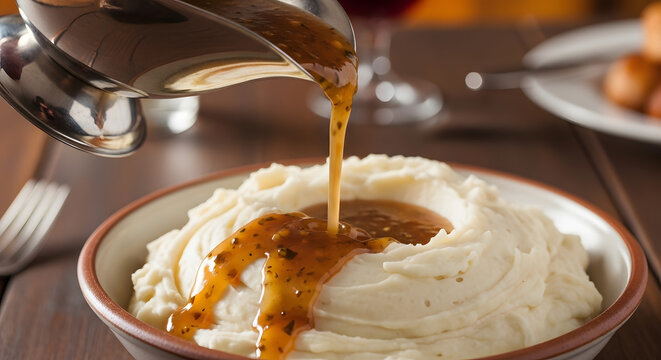 Mashed potatoes in a ceramic bowl receive a generous pour of rich brown gravy from a metal boat.