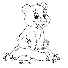 Cute bear cub sitting on rock in dotted cartoon line art illustration. © The Creative Idea