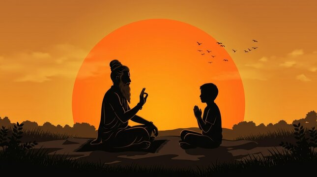 Guru Teaching Student Silhouette at Sunset