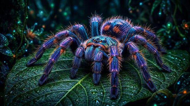Vibrant Tarantula Spider on Leaf, Exotic Jungle Night, Bioluminescent Flora