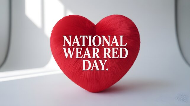 A red heart pillow featuring text for an annual awareness campaign regarding heart health and medical care