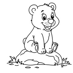Cute bear cub sitting happily on rock in cartoon line art style. © The Creative Idea