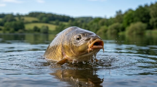 Close-up of a large carp fish emerging from shimmering lake water, natural landscape background