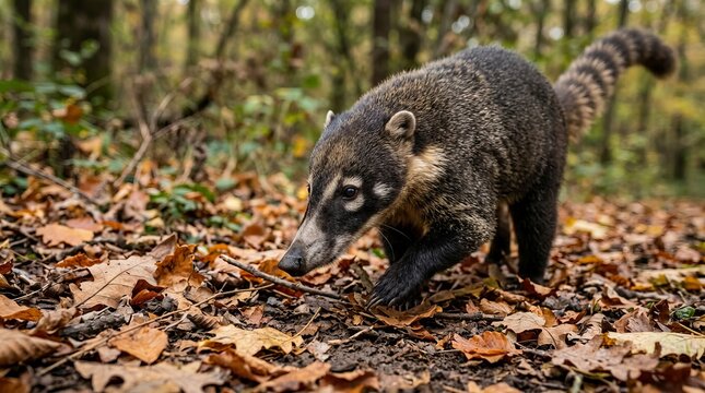 Coati foraging in autumn forest floor, looking down, natural wildlife habitat, close-up