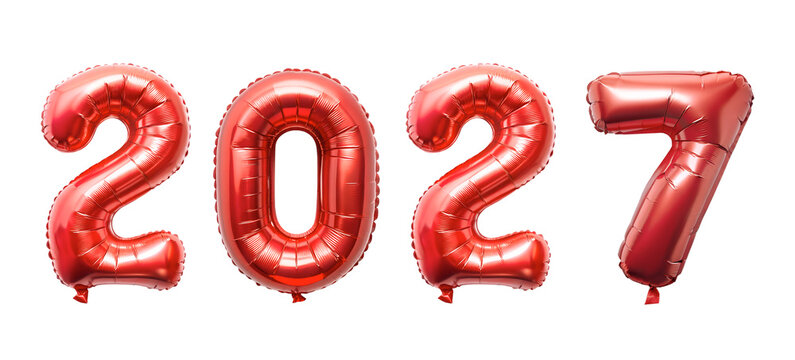 Large red balloons of the numbers 2027 on a white background for New Year celebration