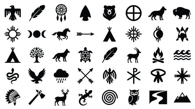 Set of 40 black vector silhouettes of Native American symbols, indigenous animals, and tribal cultural icons including eagle, dreamcatcher, bear, buffalo, teepee, and arrows on white.
