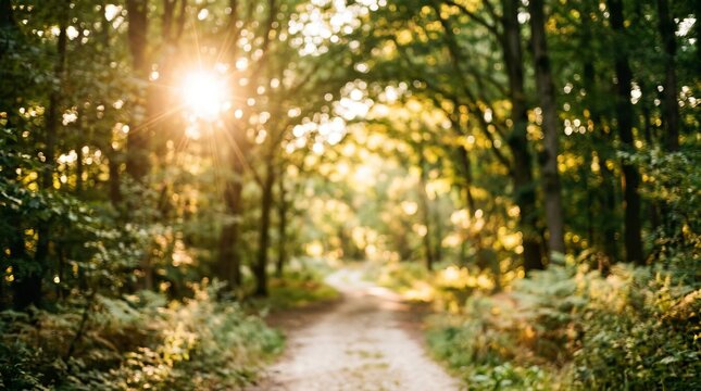 Sunlight through forest trees, illuminating a winding dirt path