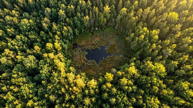 Aerial view of a dark forest pool surrounded by lush green trees in golden hour light
