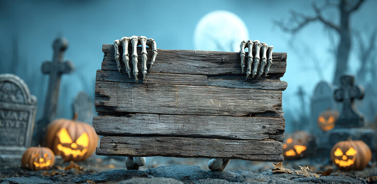 Blank wooden sign held by skeleton hands in a spooky Halloween graveyard scene with pumpkins and tombstones