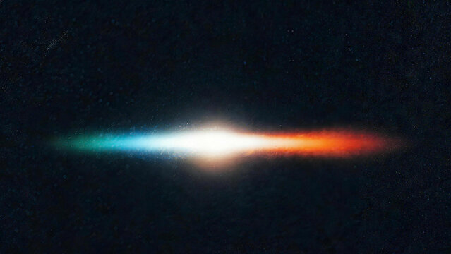 Horizontal cyan orange film light leak streak on dark grainy background