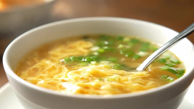 Close-up of scallion and egg drop soup in a white bowl, homemade egg drop soup has been made