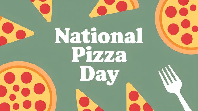 Graphic design celebrating national pizza day with pepperoni food art on a muted green background for holiday