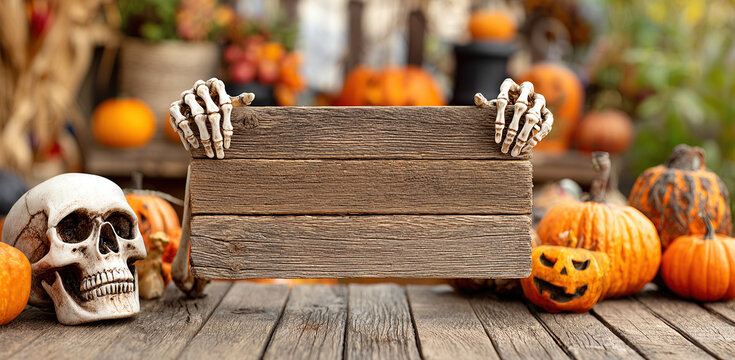 Blank wooden sign with skeleton hands in a Halloween setting with pumpkins and a skull