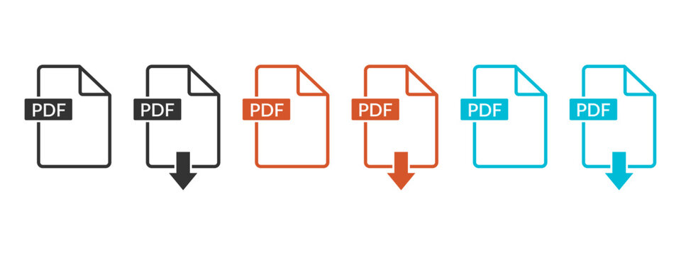 abstract pdf file format symbol, pdf file document with download arrow.