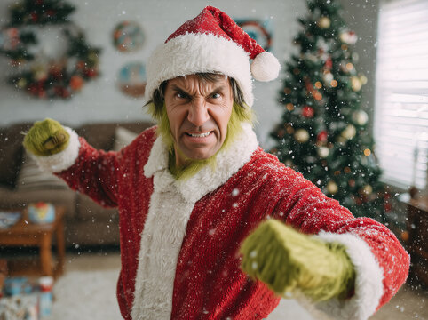 Green Christmas Thief character dressed as Santa in a festive indoor setting during the holiday season