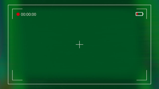 Digital video recorder screen overlay with a red recording dot, time counter, low battery indicator, and crosshair on a vibrant green background. Ideal for chroma key, technology,